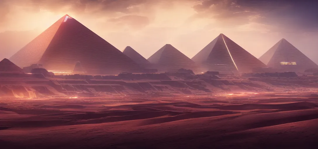 Prompt: view from the desert ground of futuristic blade runner pyramids architecture, light rays, symmetry, cinematic lighting, ultra detailed, sharp, ambient occlusion, bloom, raytracing, by greg rutowski, paul chaidesson and jessica rossier