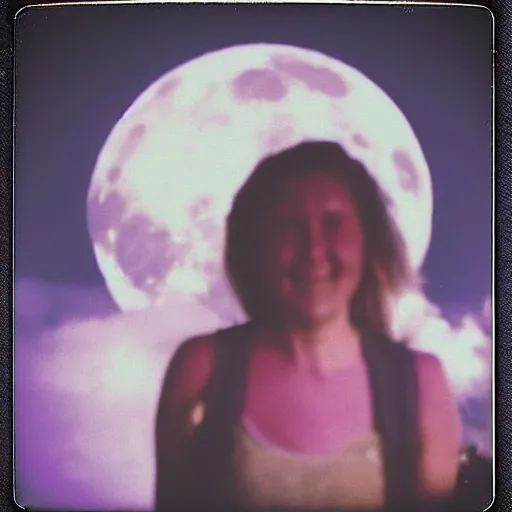 Prompt: a woman in the background a house on fire and she is smiling and the moon is purple, polaroid photo, perfect photo, photo pinterest