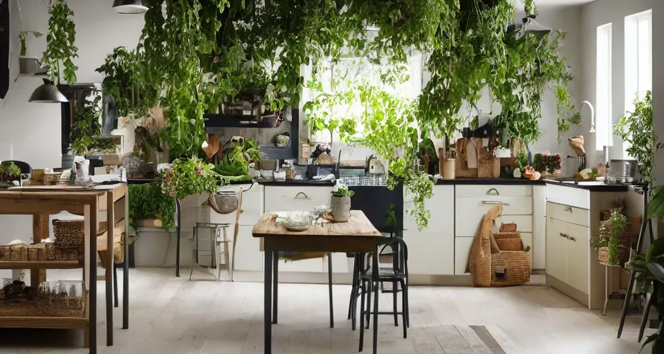 Image similar to IKEA catalogue photo, high end farm house style kitchen, sand piled in corners, dust, organic, vines, overgrown, tropical, by Dali