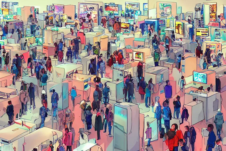 Prompt: people visiting crypto art market in the future, rennaisance, people, gallery, cable, akira, bright colors, concept art