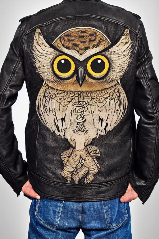 Image similar to owl wearing biker gang jacket with label which says hoo - ligan, portrait photo, full body, backlit, studio photo, golden ratio