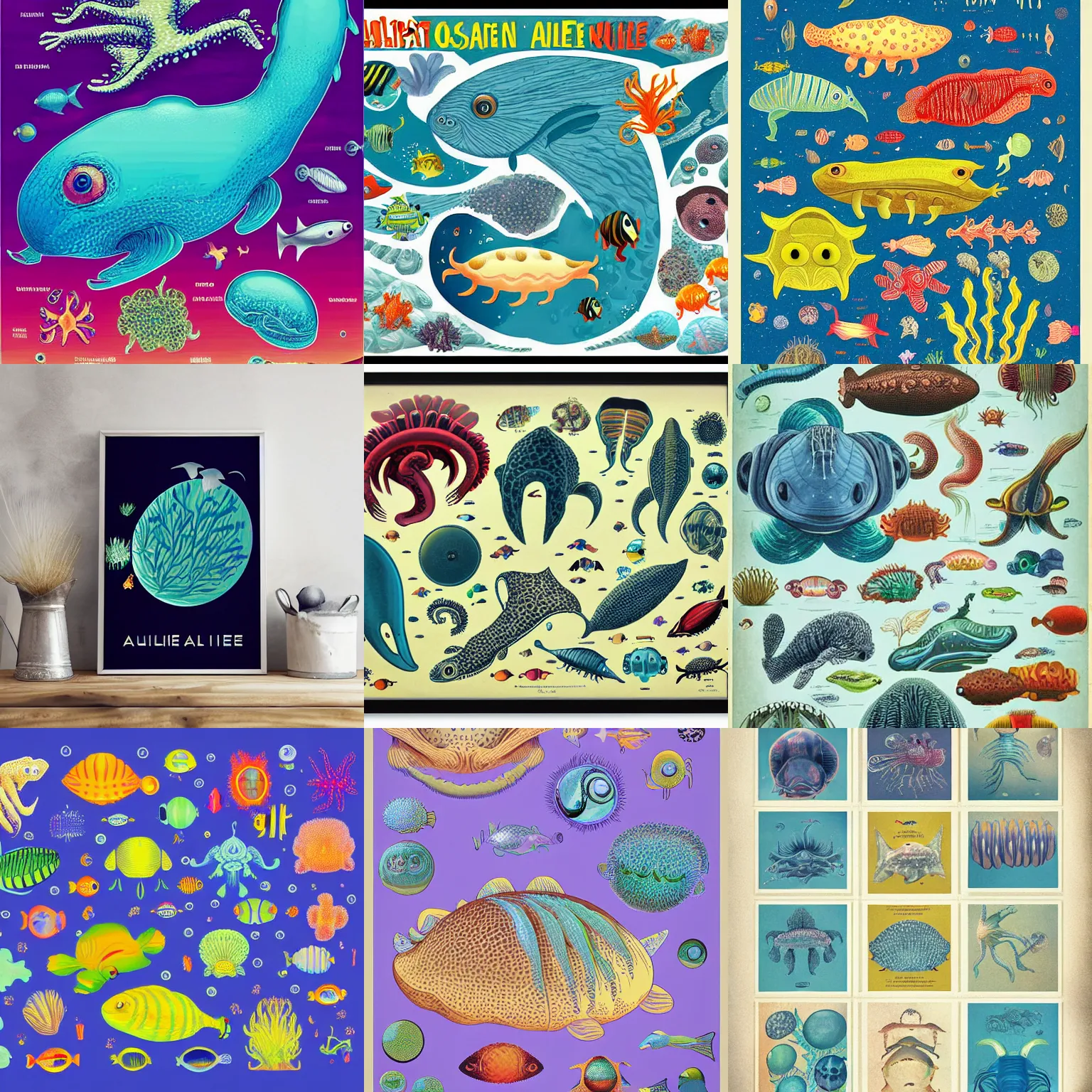 Prompt: poster with illustrations of alien aquatic life forms