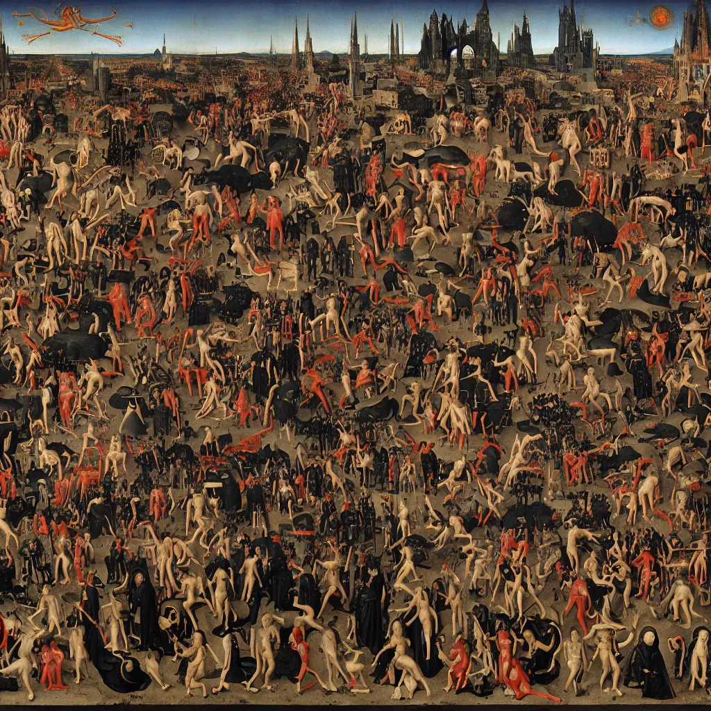 Image similar to hell, hans memling, cyberpunk style