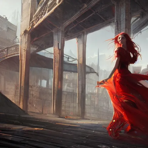 Prompt: a woman with long hair and with red long dress balancing with wind in urban scene, highly detailed, illustration, fantasy art, in the style of greg rutkowski, epic, fantasy, intricate, hyper detailed, artstation, concept art, smooth, sharp focus, ray tracing