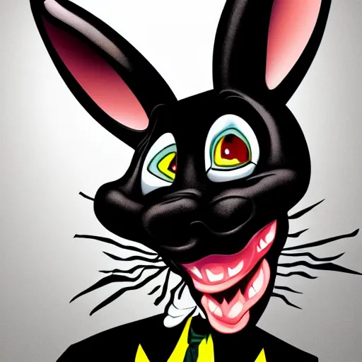 Image similar to A extremely highly detailed majestic hi-res beautiful, highly detailed head and shoulders portrait of a scary terrifying, horrifying, creepy maniacal crazy black cartoon rabbit with scary big eyes, earing a shirt laughing maniacally , let's be friends, in the style of a Walt Disney cartoon