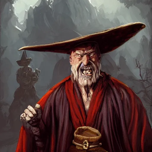 Prompt: Chawick the Fail Wizard, a ponce wizard's apprentice in ragged and stained wizard's robes and hat. 8k resolution, full-length portrait, digital painting, fantasy art, D&D character art, greg rukowski, frank frazetta, larry elmore.