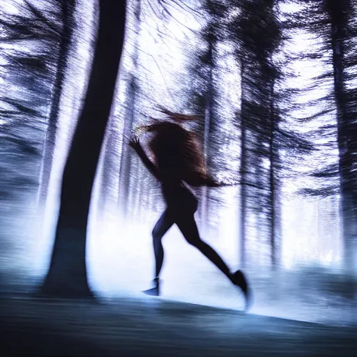 Prompt: a scary award winning photo of a woman spirit running in the night in a forest, volumetric light effect