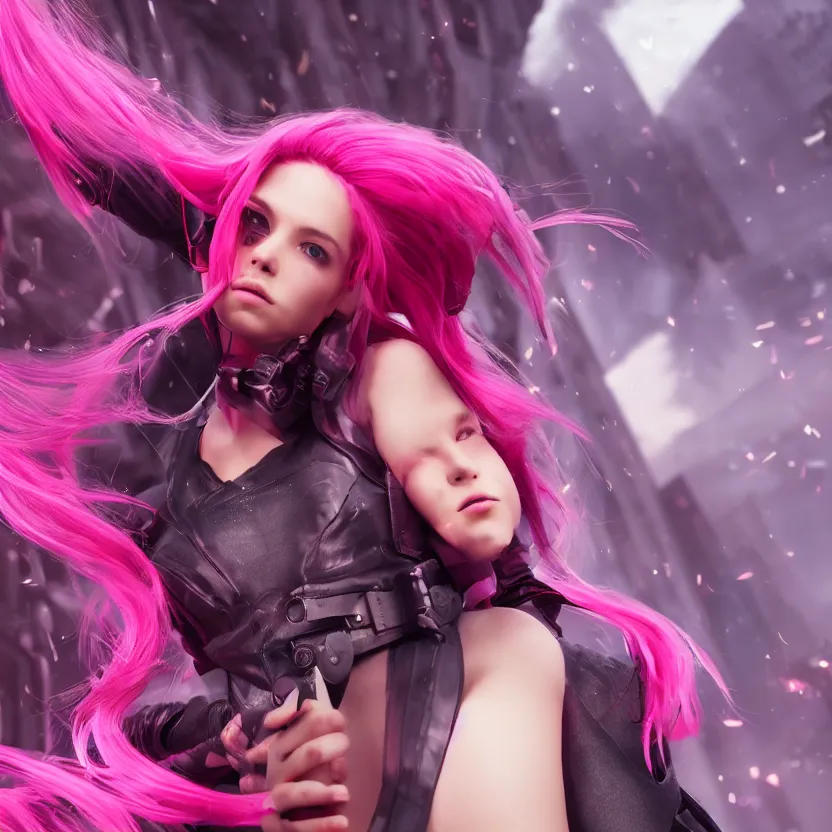 Image similar to stunning young cyberpunk girl + pink hair + black hoddy + flury skirt, living her dreams, mysterious, atmospheric, cinematic, Epic, 8k, 4k, ultra detail, ultra realistic, rendered by awesomeness