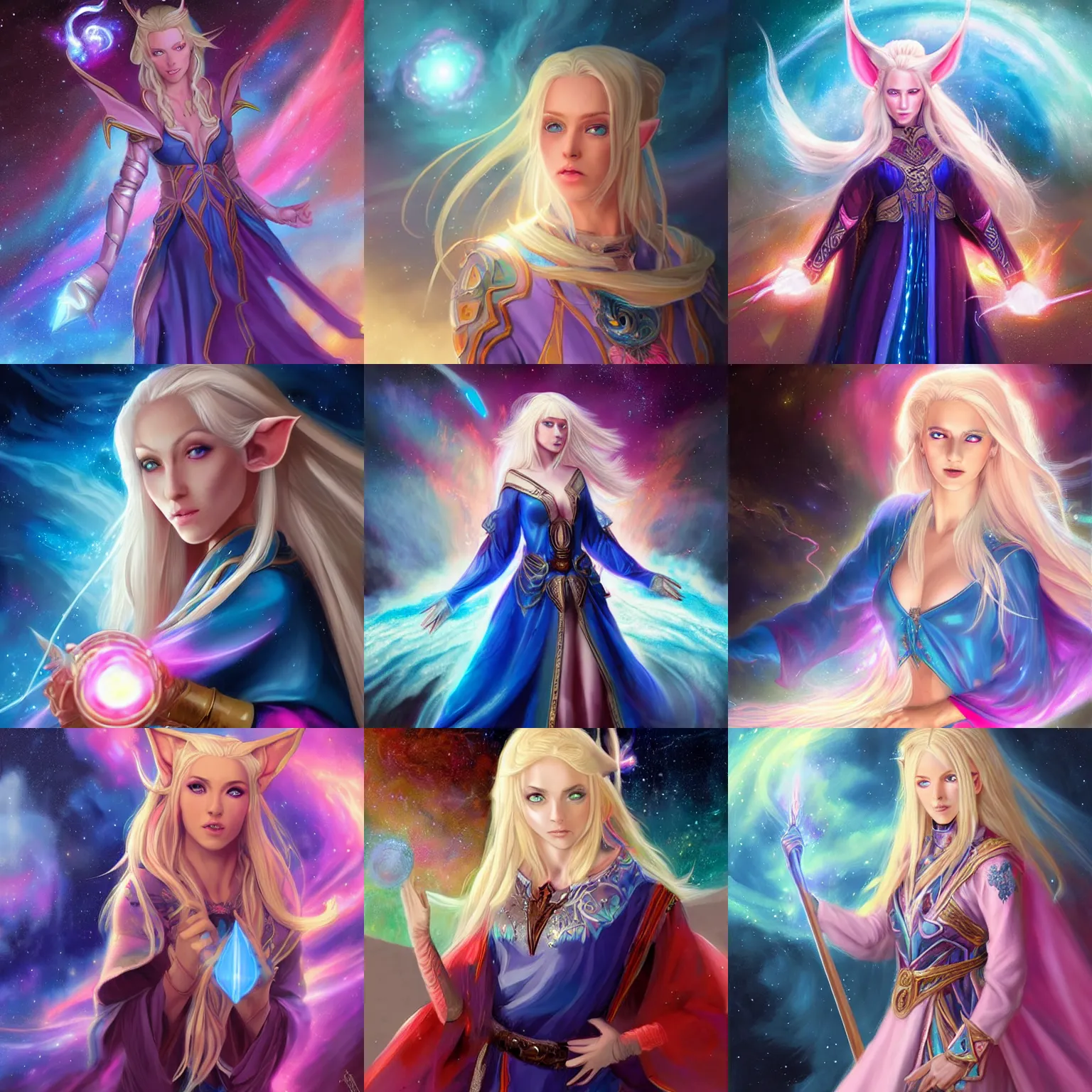 Prompt: blonde female high elf with blue and pink glowing eyes in a multicolored robe, floatiung in front of a nebula, D&D, fantasy, intricate, cinematic lighting, highly detailed, digital painting, Artstation, concept art, smooth, sharp focus, art by Artgerm and Greg Rutkowski, SFW Version