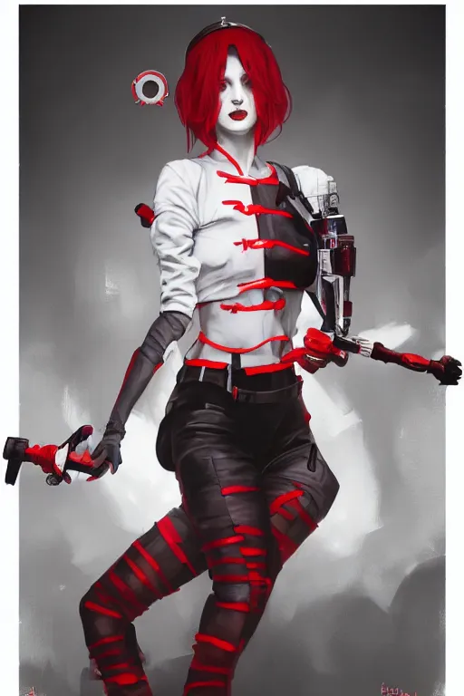 Image similar to covid - 1 9 nurse holding a syringe, wearing cyberpunk nurse armor, black and white and red, by tom bagshaw and alphonse mucha and atey ghailan and artgerm and and greg rutkowski and hajime soriyama, hyper realistic, octane render, trending on artstation