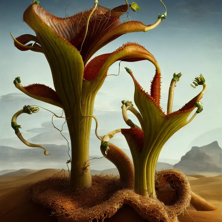 Prompt: carnivorous plant, young white man, in desert, dune, baroque portrait painting, beautiful detailed intricate insanely detailed octane render trending on Artstation, 8K artistic photography, photorealistic, chiaroscuro, Raphael, Caravaggio