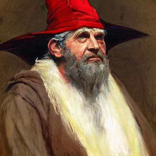 Image similar to Solomon Joseph Solomon and Richard Schmid and Jeremy Lipking victorian genre painting portrait painting of a old rugged actor wizard wearing a wizard hat and robe from the hobbit , red background