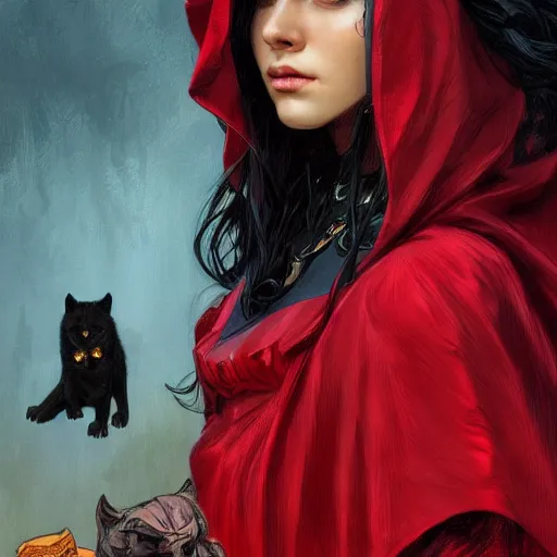 Image similar to Beautiful face Portrait of Little Red Riding Hood with a black panther, intricate, wild, highly detailed, digital painting, artstation, concept art, smooth, sharp focus, illustration, art by artgerm and greg rutkowski and alphonse mucha, footage from space camera