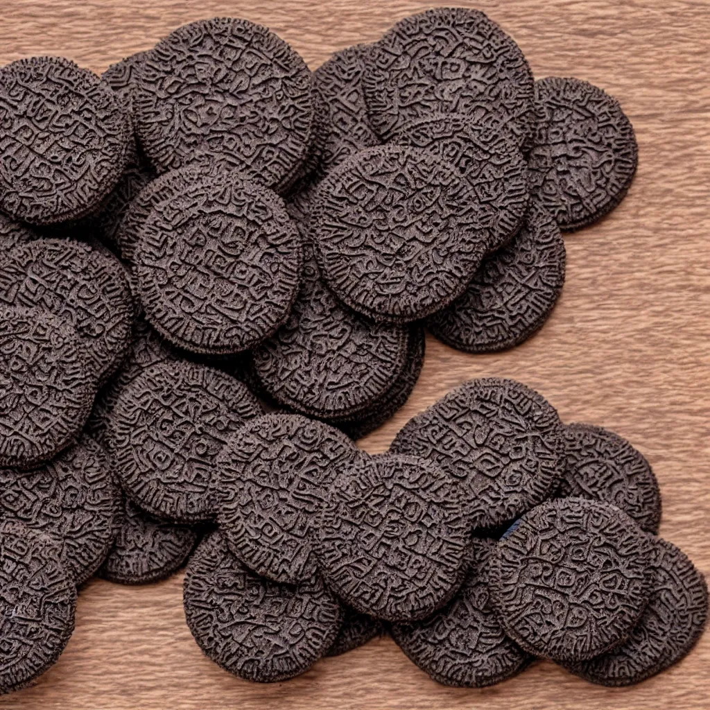 Image similar to close - up view of oreos on top of a wooden table, 8 k, high detail, photorealistic, proper shading