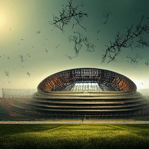 Image similar to Bird's Nest stadium, Beijing, post-apocalyptic, trees, plains, meteor falling, distant view, late evening, digital artwork