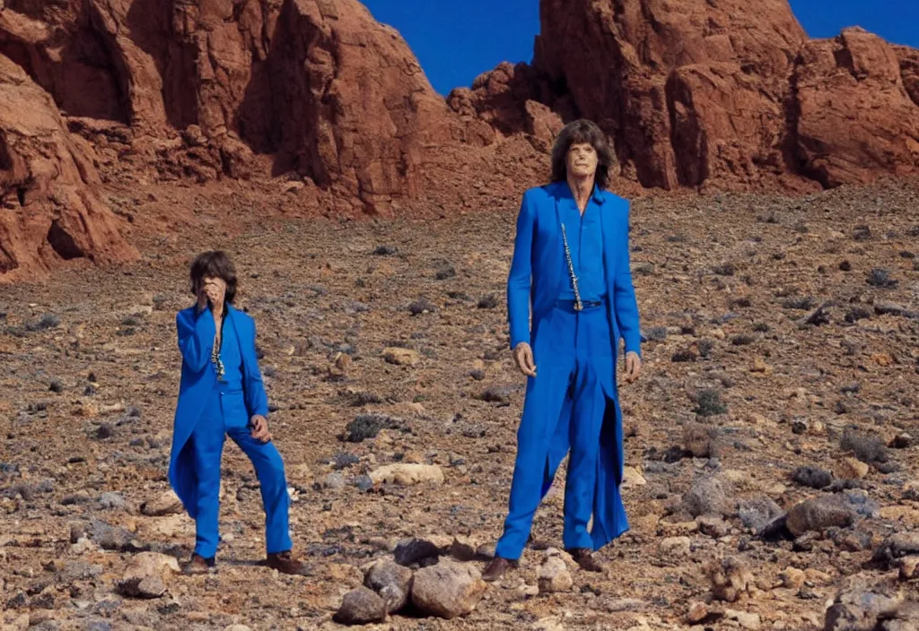 Image similar to mick jagger dressed in blue costume with jewels in a dry rocky desert landscape, with alien complex city beneath the sand and giant alien spaceship in the sky attacks the earth by christopher doyle and alejandro jodorowsky, anamorphic lens, kodakchrome, cinematic composition, masterpiece, 8 k