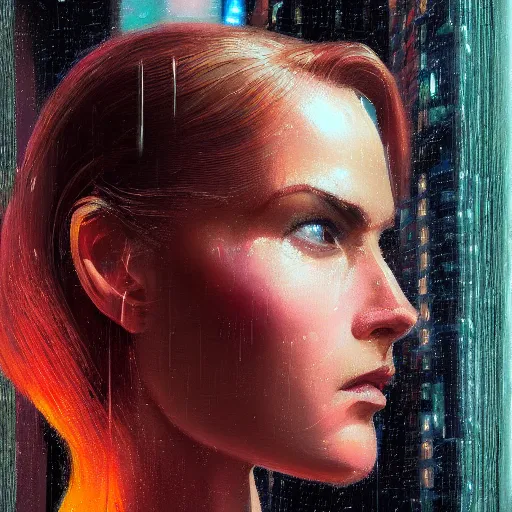 Image similar to detailed face of a woman, moment, cyberpunk cloisters, electronic billboards, tech noir, wet reflections, prism, atmospheric, ambient, pj crook, syd mead, livia prima, greg rutkowski, edward hopper