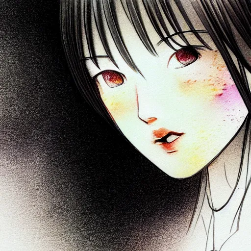 Prompt: daydreaming Nanase Nishino close-up portrait looking straight on, complex artistic color ink pen sketch illustration, full detail, gentle shadowing, fully immersive reflections and particle effects, chromatic aberration.