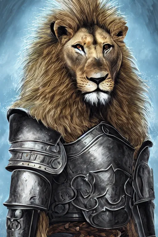 Prompt: portrait of a lion man wearing armor, detailed fur, mane tied into ponytail, fursona, furry art, anime art style