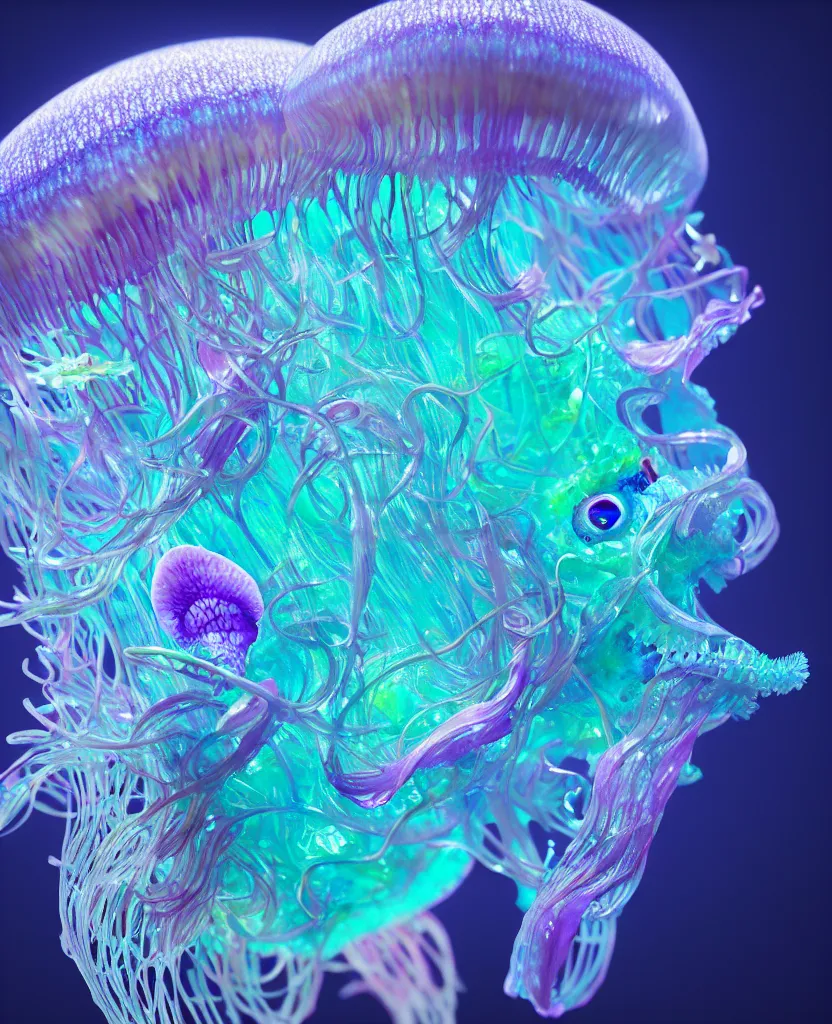 Image similar to close-up portrait. dichroic orchid jellyfish skull, betta fish, bioluminiscent creatures, intricate artwork by Tooth Wu and wlop and beeple. octane render, trending on artstation, greg rutkowski very coherent symmetrical artwork. cinematic, hyper realism, high detail, octane render, 8k