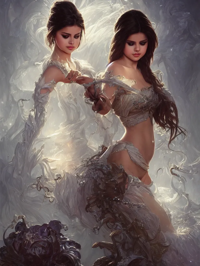 Image similar to Selena Gomez casting an frost spell, D&D, fantasy, intricate, elegant, highly detailed, digital painting, artstation, concept art, matte, sharp focus, illustration, hearthstone, art by Artgerm and Greg Rutkowski and Alphonse Mucha