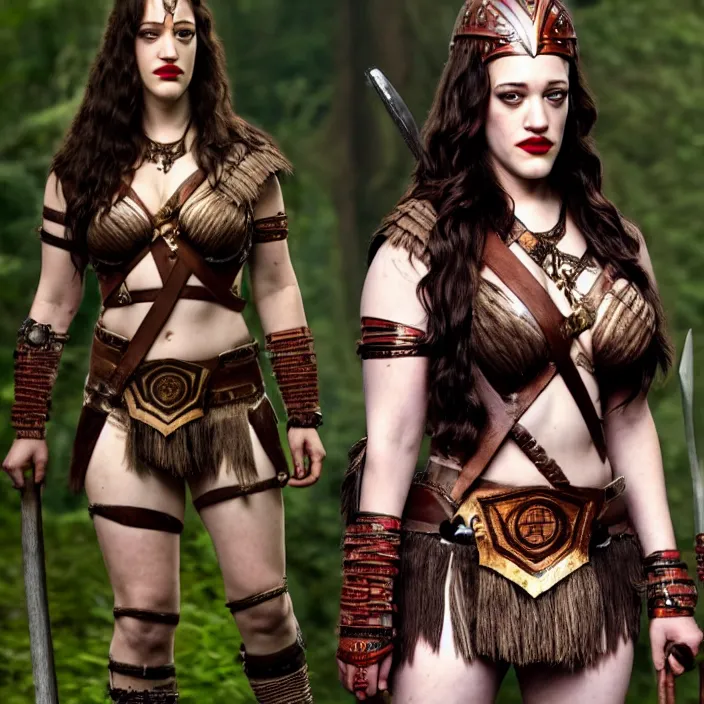 Image similar to full body photograph of kat dennings as a amazon warrior. Extremely detailed. 8k