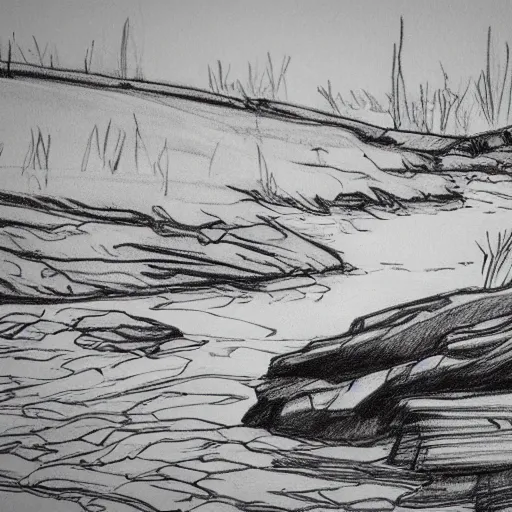 Image similar to black and white comic art of the shores of the bruce peninsula, artstation, pencil sketch