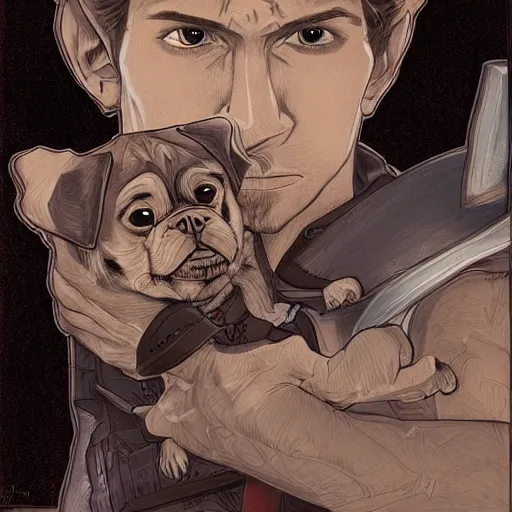 Prompt: self portrait, young white hispanic handsome man with short light brown hair and light skin and a 5 o clock shadow and holding a pug while fighting against 2 swordsmen pencil art, fraction background, psychedelic, added detail, high definiton, colored, backfacing, illustrated by yoji shinkawa