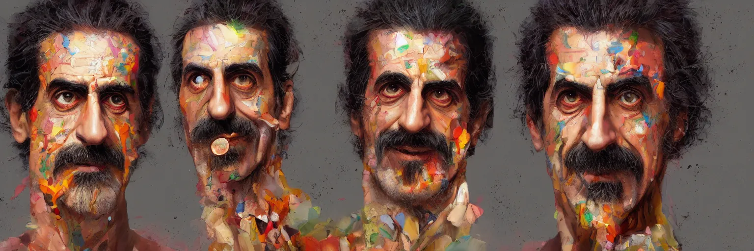 Image similar to colorful oil painting of character faces, realistic frank zappa turning into pizza, character sheet, fine details, concept design, contrast, kim jung gi, greg rutkowski and da vinci, 8 k, emotional, face turnaround 3 6 0, front view, back view, side view, ultra wide angle