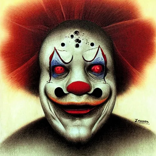 Image similar to grunge drawing of a clown by Zdzisław Beksiński