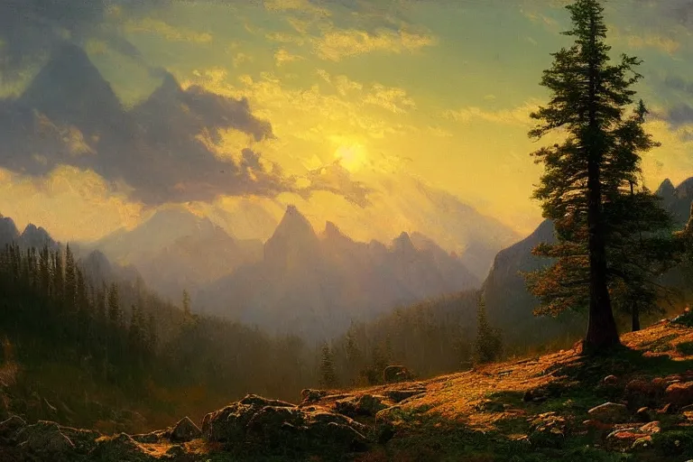 Prompt: mountains, clouds, trees, sunset, beautiful nature, hyperdetailed, focused, cinematic lighting, oil painting, colorful, canvas, artstation, Albert Bierstadt, Hans Dahl, Theodor Kittelsen, Hermann Hendrich, Konstantin Yakovlevich Kryzhitsky