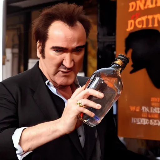 Prompt: Tarantino drinks a bottle of water filled with Nicolas Cage.