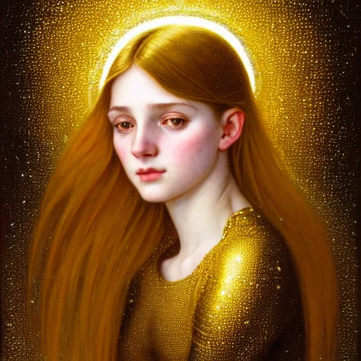 Image similar to portrait of a girl surrounded by shimmering reflective gold flakes, face, fantasy, intricate, elegant, dramatic lighting, highly detailed, lifelike, photorealistic, digital painting, artstation, concept art, smooth, sharp focus, illustration, art by John Collier and Krenz Cushart and Artem Demura and Alphonse Mucha and and Albert Aublet