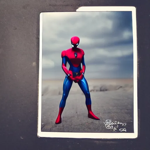 Image similar to a single iron man and spider - man hybrid, dslr, polaroid