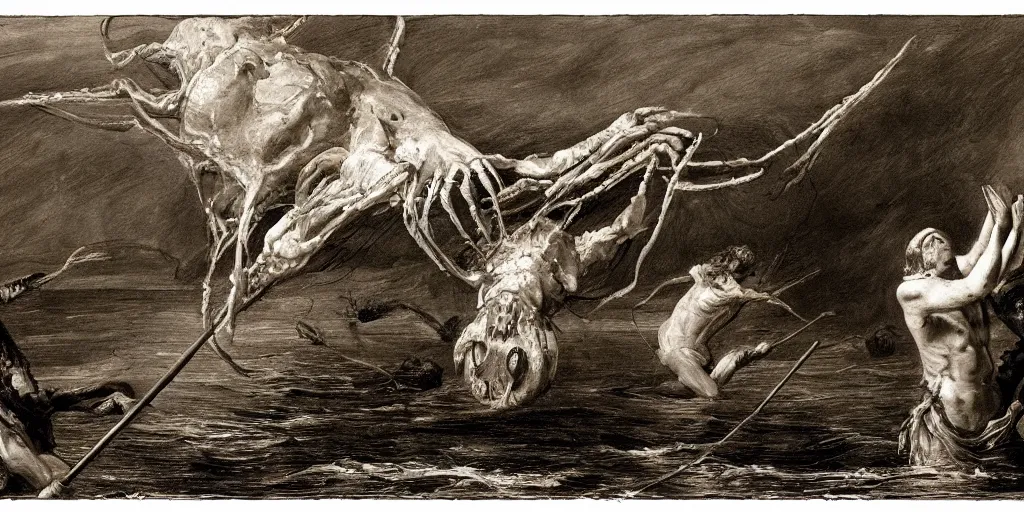 Image similar to hyperrealism Baptism on the river, monster spider in style of Goya