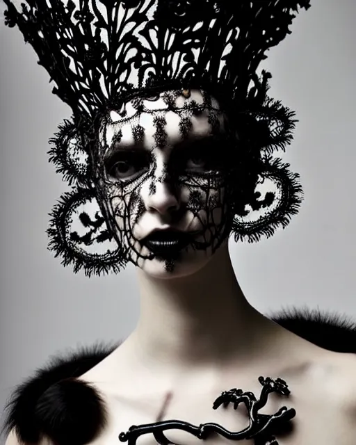 Image similar to surreal dark poetic black and white photo portrait of complex bio-mechanical beautiful young silver female vegetal-cyborg with a fur metal fine lace face, a very long neck and a fine metal floral foliage super big gothic lace collar and crown by Vivienne Westwood:: smoke, high fashion, haute couture, rococo, avant-garde, silver filigree details, anatomical, facial muscles, cable wires, microchip, elegant, dreamy, foggy atmosphere, hyper realistic, 150 mm lens, soft rim light, octane render, unreal engine, picture was taken in 1910 by Man Ray, volumetric lighting, dramatic light,8k,