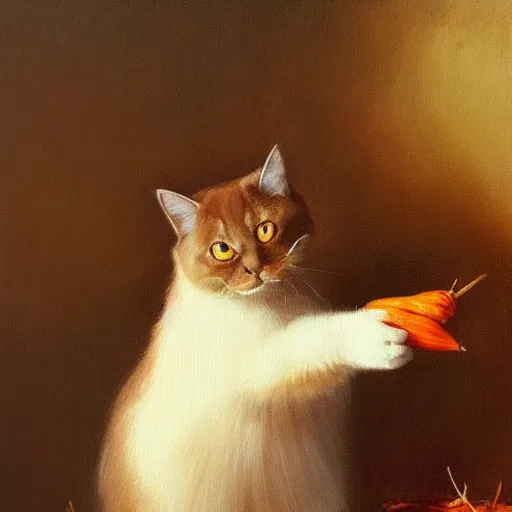 Prompt: cute brown burmese cat eating carrot, in style of Ivan Shishkin, oil painting, renaissance drawing, hd, detailed