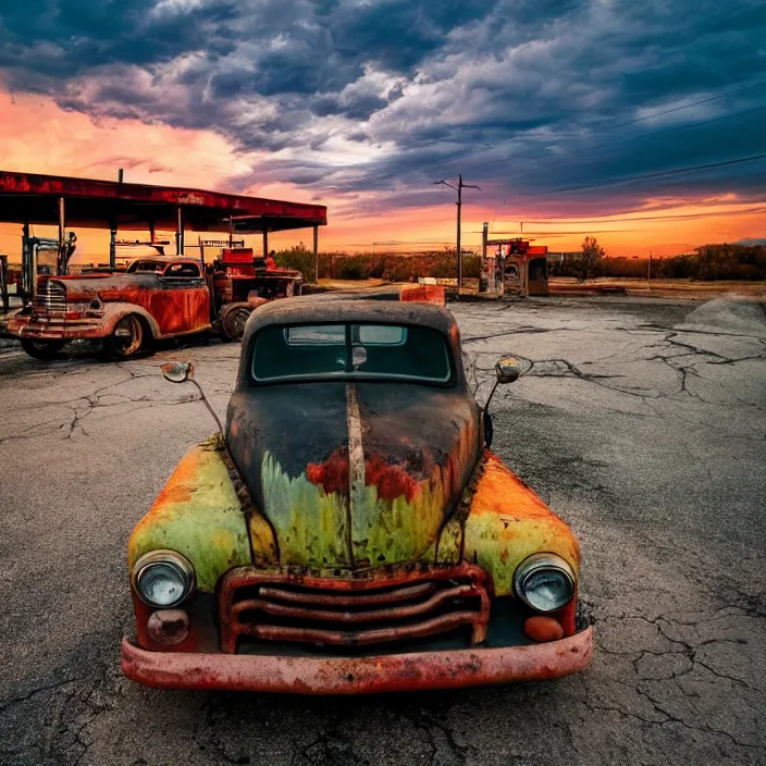 Image similar to a sunset light landscape with historical route 6 6, lots of sparkling details and sun ray ’ s, blinding backlight, smoke, volumetric lighting, colorful, octane, 3 5 mm, abandoned gas station, old rusty pickup - truck, beautiful epic colored reflections, very colorful heavenly, softlight