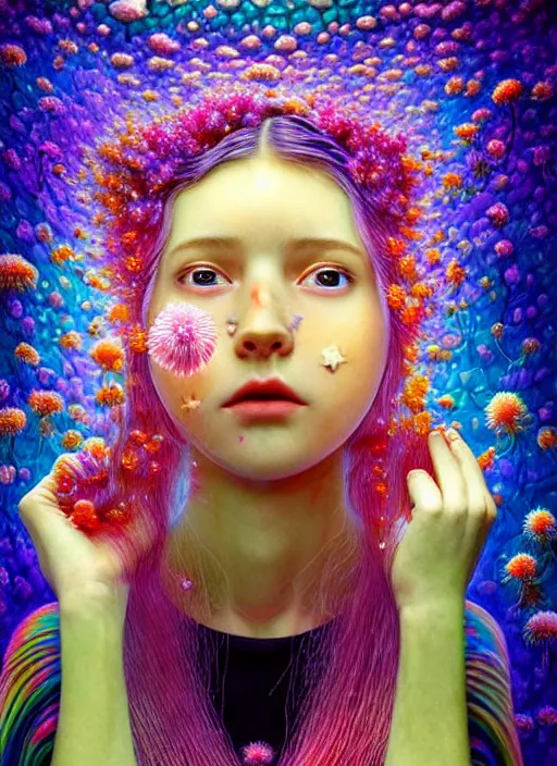 Image similar to hyper detailed 3d render like a Oil painting - kawaii portrait Aurora (serious honey haired hacker girl Singer) seen Eating of the Strangling network of yellowcake aerochrome and milky Fruit and Her delicate Hands hold of gossamer polyp blossoms bring iridescent fungal flowers whose spores black the foolish stars by Jacek Yerka, Mariusz Lewandowski, Houdini algorithmic generative render, Abstract brush strokes, Masterpiece, Edward Hopper and James Gilleard, Zdzislaw Beksinski, Mark Ryden, Wolfgang Lettl, hints of Yayoi Kasuma, octane render, 8k