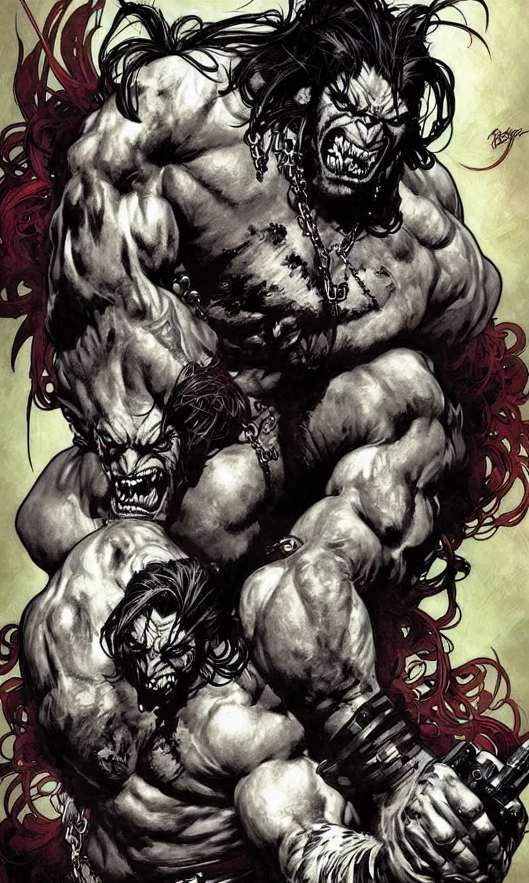 Image similar to lobo by simon bisley, photoshop, art by artgerm and greg rutkowski and alphonse mucha