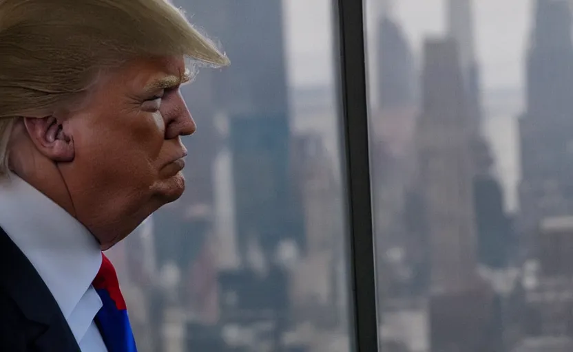 Prompt: a cinematic, close up portrait, of donald trump starring out his window onto new york city on the verge of tears