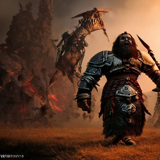 Image similar to a fantasy cinematic shot of a dwarf berserker, warhammer, dd, fighting monsters, octane render, hyperreal, 8 k