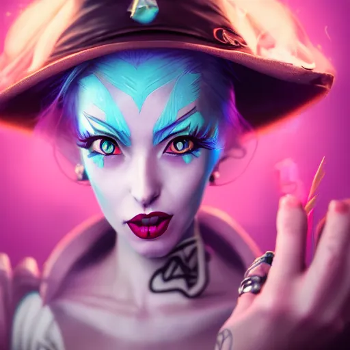 Prompt: Portrait of Jinx from league of legends, anger, mystery, fear, highly detailed, ominous vibe, smoke, octane render, cgsociety, artstation, trending on ArtStation, by Marie Magny