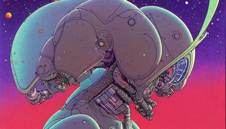Image similar to ( ( ( ( a humanoid creature on other planets that appear intelligent. ) ) ) ) by mœbius!!!!!!!!!!!!!!!!!!!!!!!!!!!, overdetailed art, colorful, artistic record jacket design