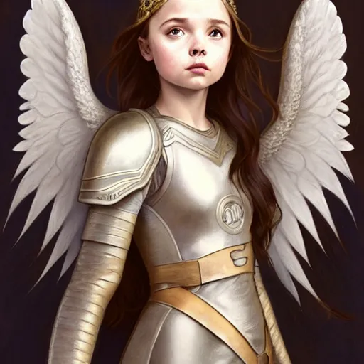 Image similar to portrait of young aasimar angel girl maiden wearing comfy leather armor with beautiful feathered angel wings, kawaii cute face, brown eyes, Mackenzie Foy, Chloe Moretz, by artgerm and greg rutkowski and alphonse mucha and andrei riabovitchev and Rossdraws and Bluesssatan and Mandy Jurgens and Stjepan Sejic, 4k oil on linen, vivid colors, colorful, photorealistic, high dynamic range, HDR, intricate, elegant, highly detailed, digital painting, artstation, concept art, smooth, sharp focus, illustration, mid-shot, medium shot, hyperdetailed