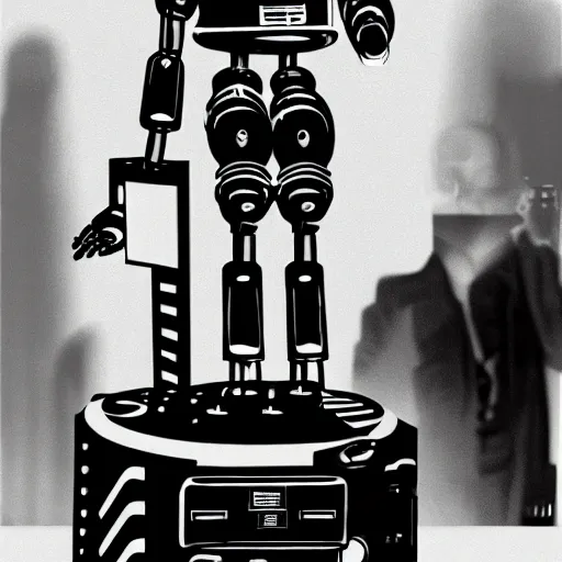 Prompt: futuristic atompunk robot dj at a techno music club, soviet style
