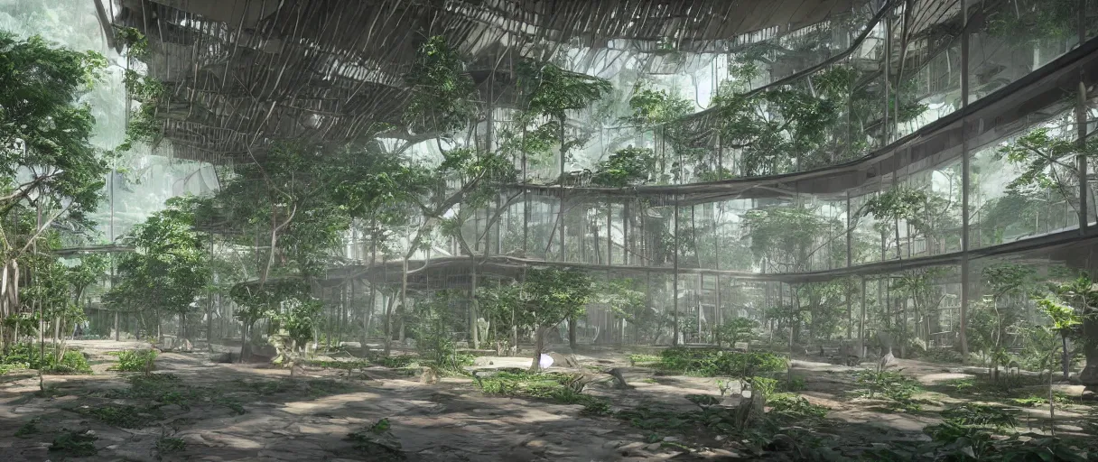 Prompt: architecture inspired by renzo piano deep in the rainforest. nature is taking over. matte painting. unreal engine 5 render. hdr. volumetric lighting. global illumination. atmospheric.