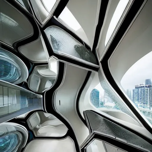 Prompt: futuristic pod dwelling by zaha hadid, contemporary architecture, photo journalism, photography, cinematic, national geographic photoshoot