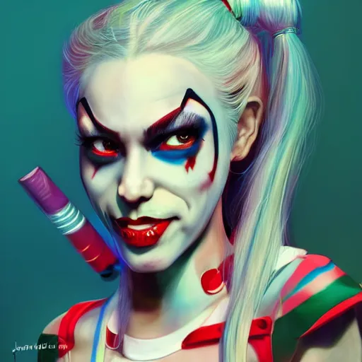 Image similar to Harley Quinn but she's a beautiful young ape with long pony tails on either side of her head, illustration, comic, by James Jean, artgerm, octane render, by John Coltrane and Marc Simonetti, Manic, graffiti, kinemacolor, colorful, high detail of the face, full body