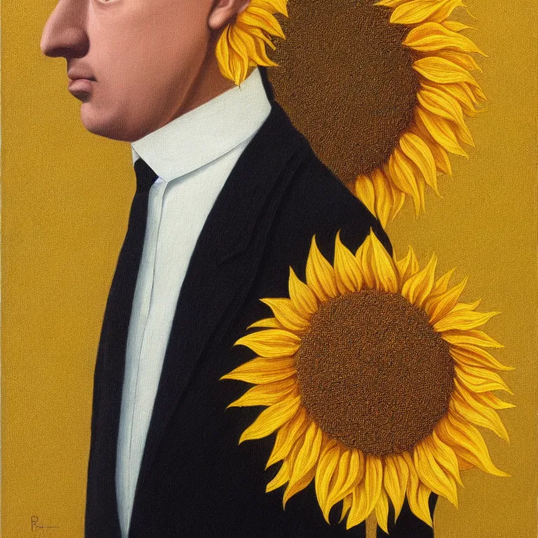 Image similar to portrait of a faceless sunflower - head man in a suit by rene magritte, detailed painting, distance, centered, hd, hq, high resolution, high detail, 4 k, 8 k